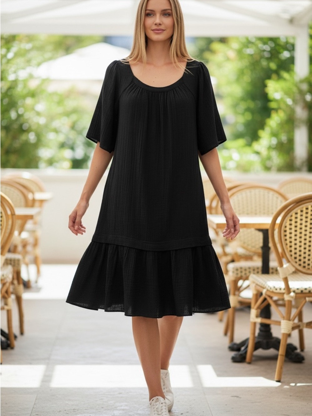 Johnny Was Black Textured Short-Sleeve Midi Dress with Ruffle Tier